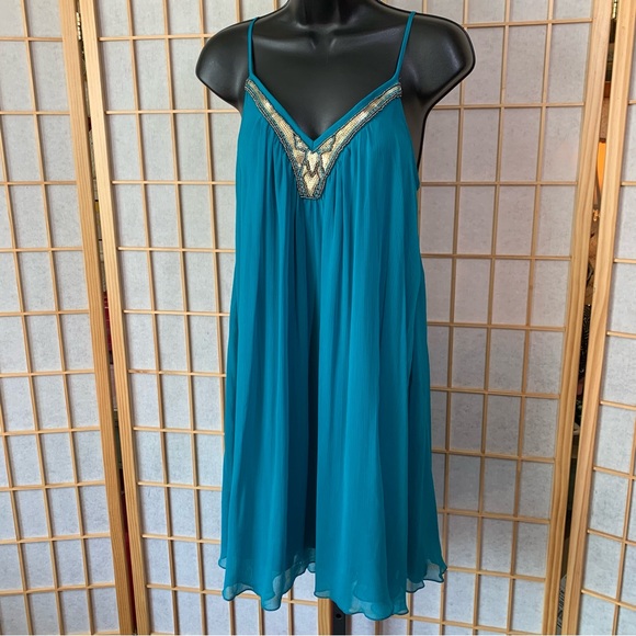 Express Teal Drapey Beaded Dress - Picture 1 of 11